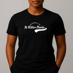 Person wearing a black short sleeve t-shirt with a white 'St Kitts+Nevis' graphic on the chest.