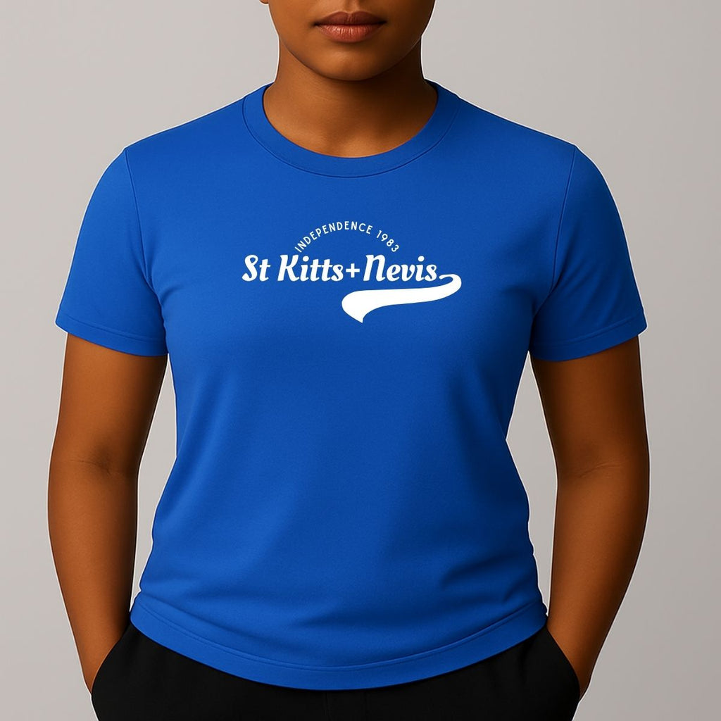 Person wearing a blue short sleeve t-shirt with a white 'St Kitts+Nevis' graphic on the chest.
