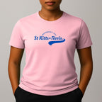 Person wearing a pink short sleeve t-shirt with a blue 'St Kitts+Nevis' graphic on the chest.