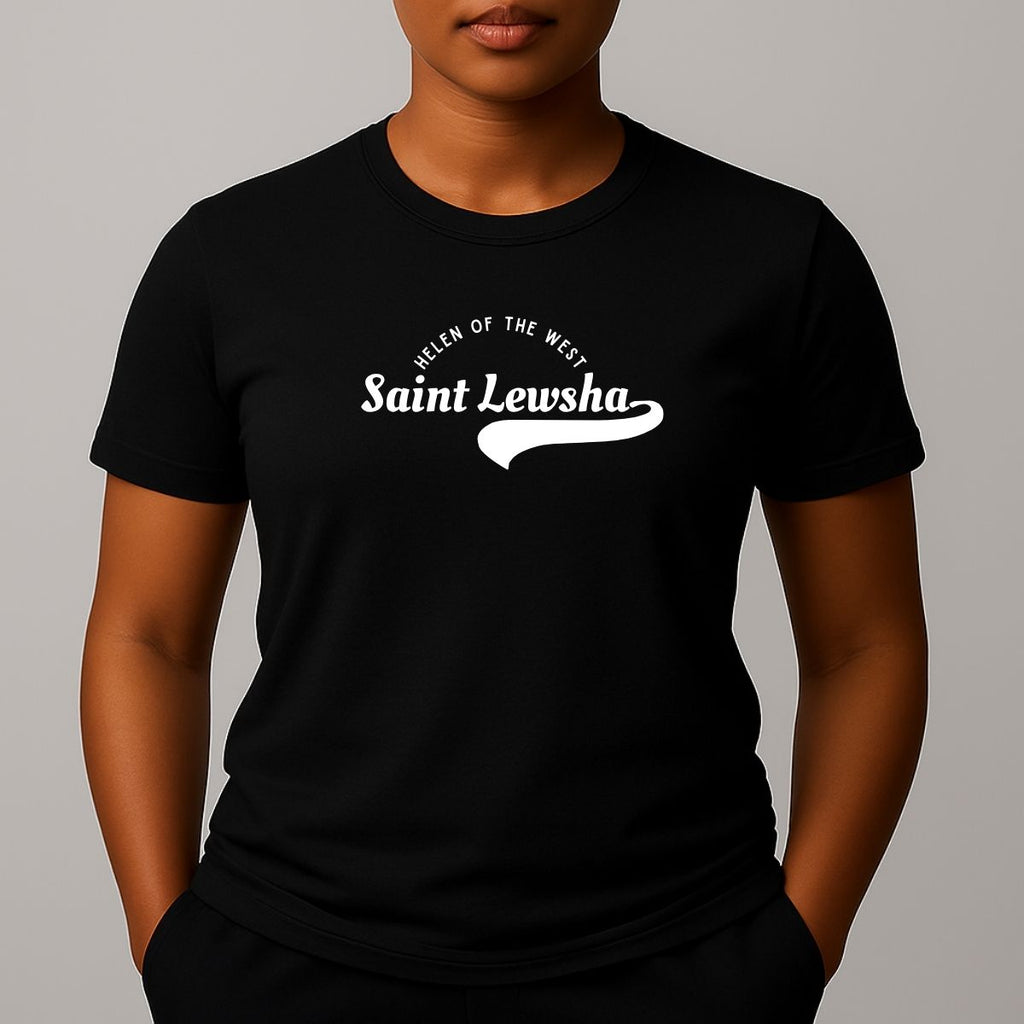 Person wearing a black crewneck t-shirt with a white graphic that reads 'Saint Lewsha' and 'HELEN OF THE WEST' on the chest.