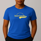 Person wearing a blue crewneck t-shirt with a yellow graphic that reads 'Saint Lewsha' and 'HELEN OF THE WEST' on the chest.