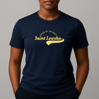Person wearing a navy crewneck t-shirt with a yellow graphic that reads 'Saint Lewsha' and 'HELEN OF THE WEST' on the chest.