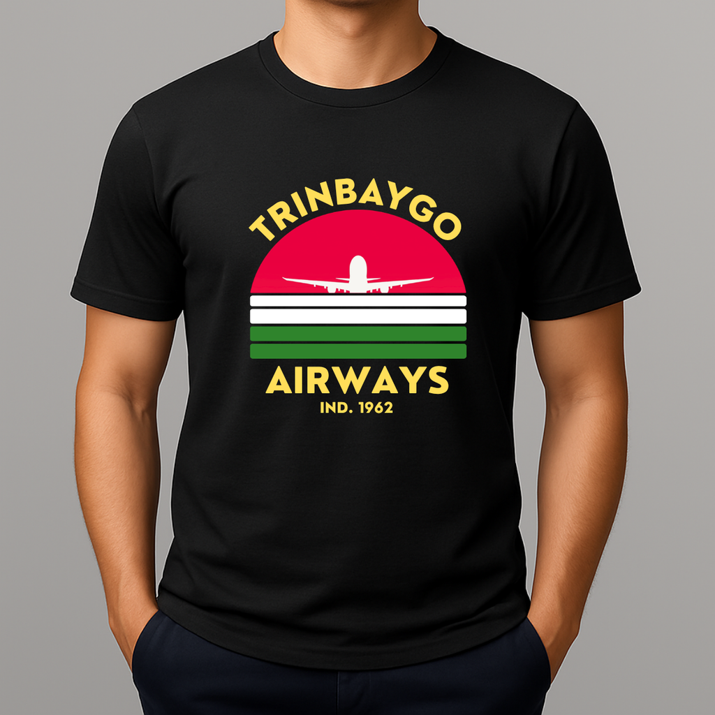 Person wearing a black T-shirt with a colorful front graphic that reads "TRINBAYGO AIRWAYS IND. 1962" with an airplane silhouette.