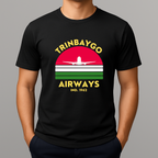 Person wearing a black T-shirt with a colorful front graphic that reads "TRINBAYGO AIRWAYS IND. 1962" with an airplane silhouette.