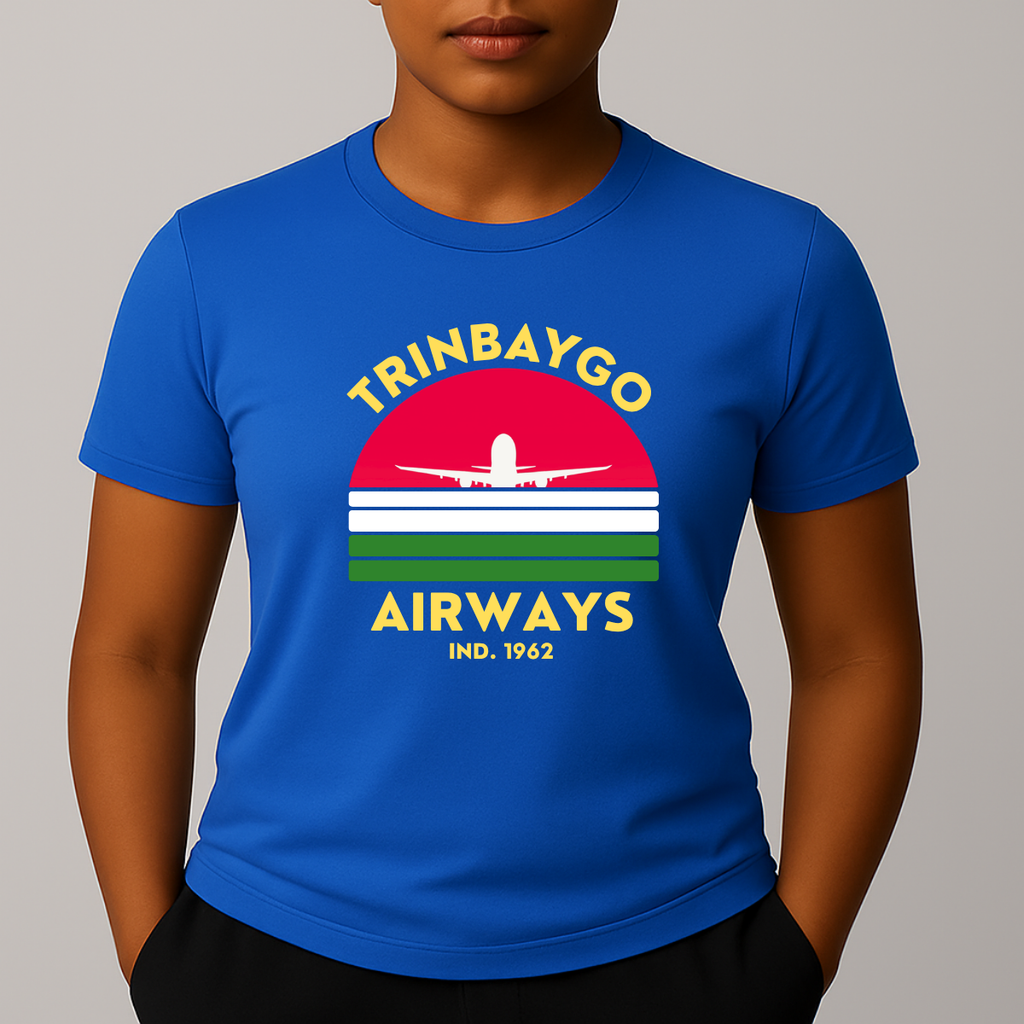 Person wearing a blue T-shirt with a colorful front graphic that reads "TRINBAYGO AIRWAYS IND. 1962" with an airplane silhouette.