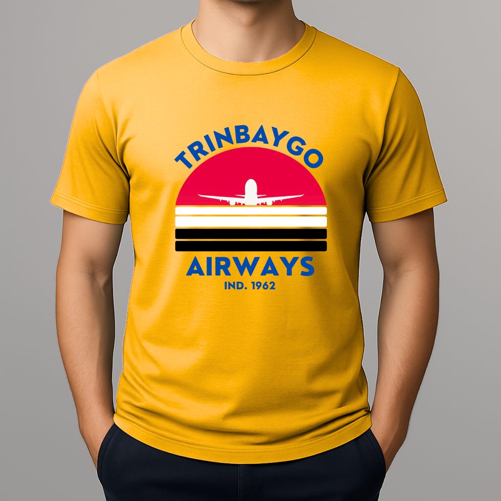 Person wearing a navy T-shirt with a colorful front graphic that reads "TRINBAYGO AIRWAYS IND. 1962" with an airplane silhouette.