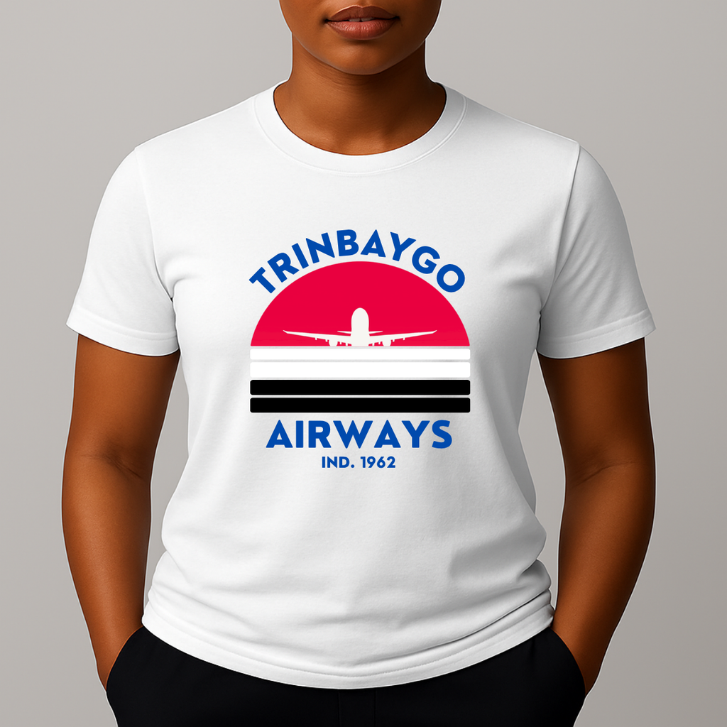 Person wearing a white T-shirt with a colorful front graphic that reads "TRINBAYGO AIRWAYS IND. 1962" with an airplane silhouette over a red, white, and black sun.
