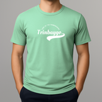 Person wearing a mint green t-shirt with a white graphic print with a phonetic spelling that reads 'Trinbaygo' and 'LAND OF THE HUMMINGBIRD'.