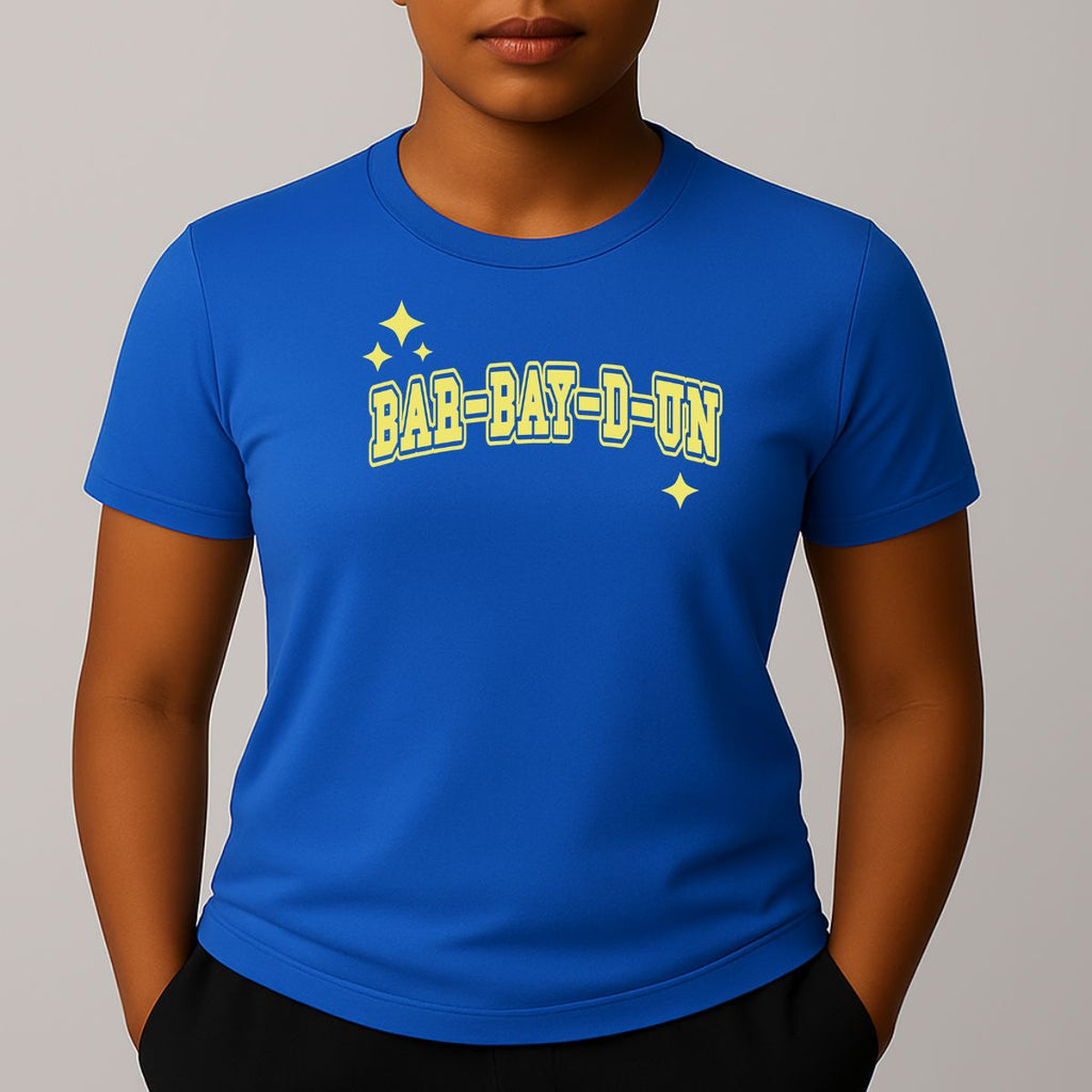Person wearing a bright blue t-shirt with 'BAR-BAY-D-UN' printed in yellow on a gray background