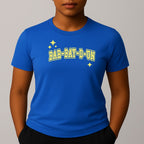 Person wearing a bright blue t-shirt with 'BAR-BAY-D-UN' printed in yellow on a gray background