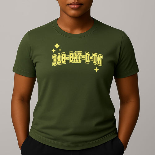 Person wearing a khaki green t-shirt with 'BAR-BAY-D-UN' printed in yellow on a gray background
