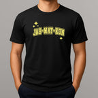 Person wearing a black t-shirt with 'JAH-MAY-KUN' printed in yellow on a gray background