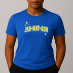 Person wearing a bright blue t-shirt with 'JAH-MAY-KUN' printed in yellow on a plain background