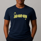 Person wearing a navy blue t-shirt with 'JAH-MAY-KUN' printed in yellow on a gray background