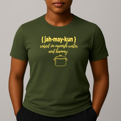 Person wearing a khaki green t-shirt with graphic and text in yellow 'jah-may-kun'