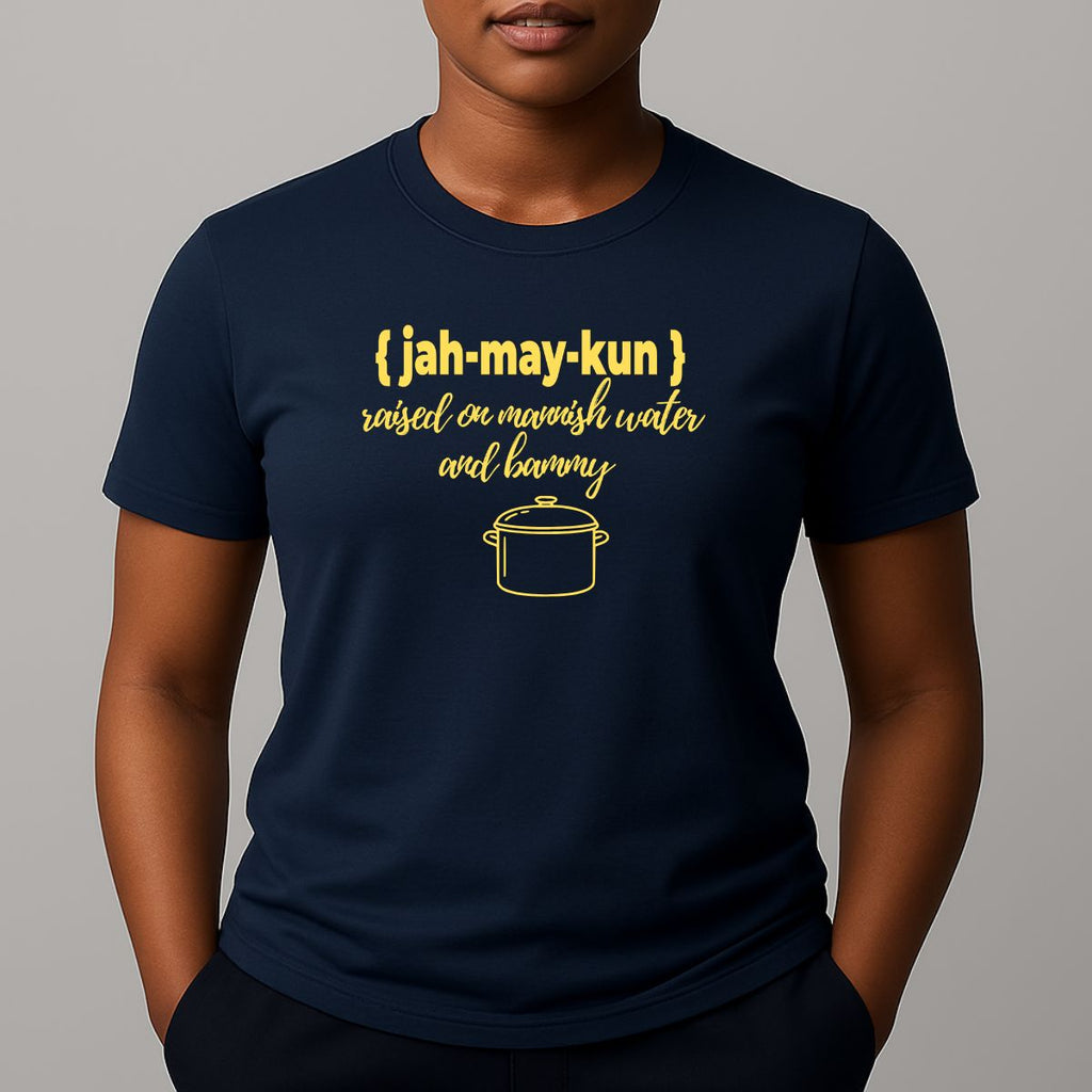 Person wearing a navy t-shirt with graphic and text in yellow 'jah-may-kun'