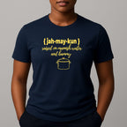 Person wearing a navy t-shirt with graphic and text in yellow 'jah-may-kun'
