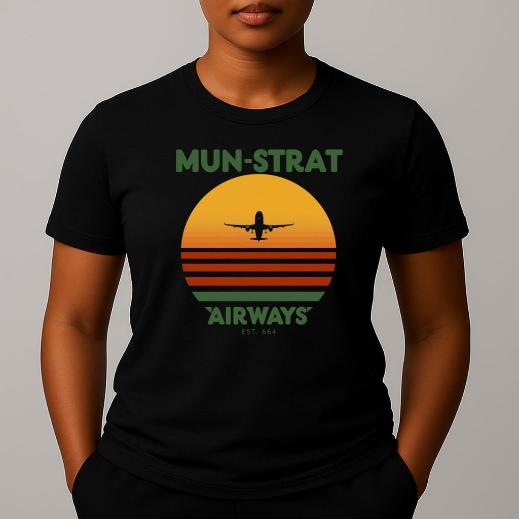 Black t-shirt with 'MUN-STRAT Airways' sunset design featuring an airplane in flight