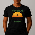Black t-shirt with 'MUN-STRAT Airways' sunset design featuring an airplane in flight