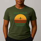Khaki green t-shirt with 'MUN-STRAT Airways' sunset design featuring an airplane in flight