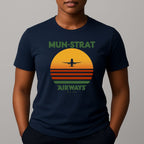 Navy t-shirt with 'MUN-STRAT Airways' sunset design featuring an airplane in flight