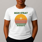 White t-shirt with 'MUN-STRAT Airways' sunset design featuring an airplane in flight