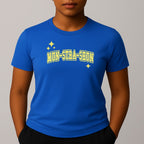 Person wearing a bright blue t-shirt with 'MUN-STRA-SHUN' printed in yellow on a gray background