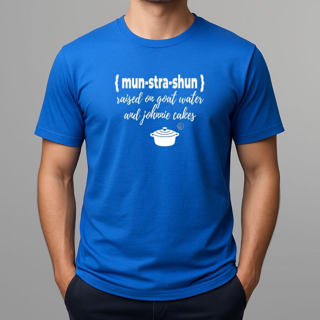 Person wearing a bright blue t-shirt with white graphic and text 'mun-stra-shun'