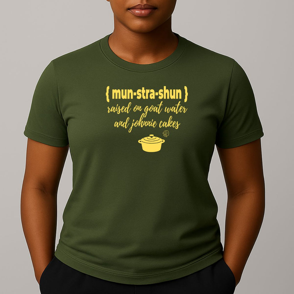 Person wearing a khaki green t-shirt with yellow graphic and text 'mun-stra-shun'