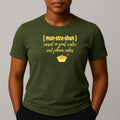Person wearing a khaki green t-shirt with yellow graphic and text 'mun-stra-shun'