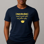 Person wearing a navy t-shirt with yellow graphic and text 'mun-stra-shun'