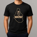 Black t-shirt with yellow graphic outline of Montserrat island, and Keep Calm text.
