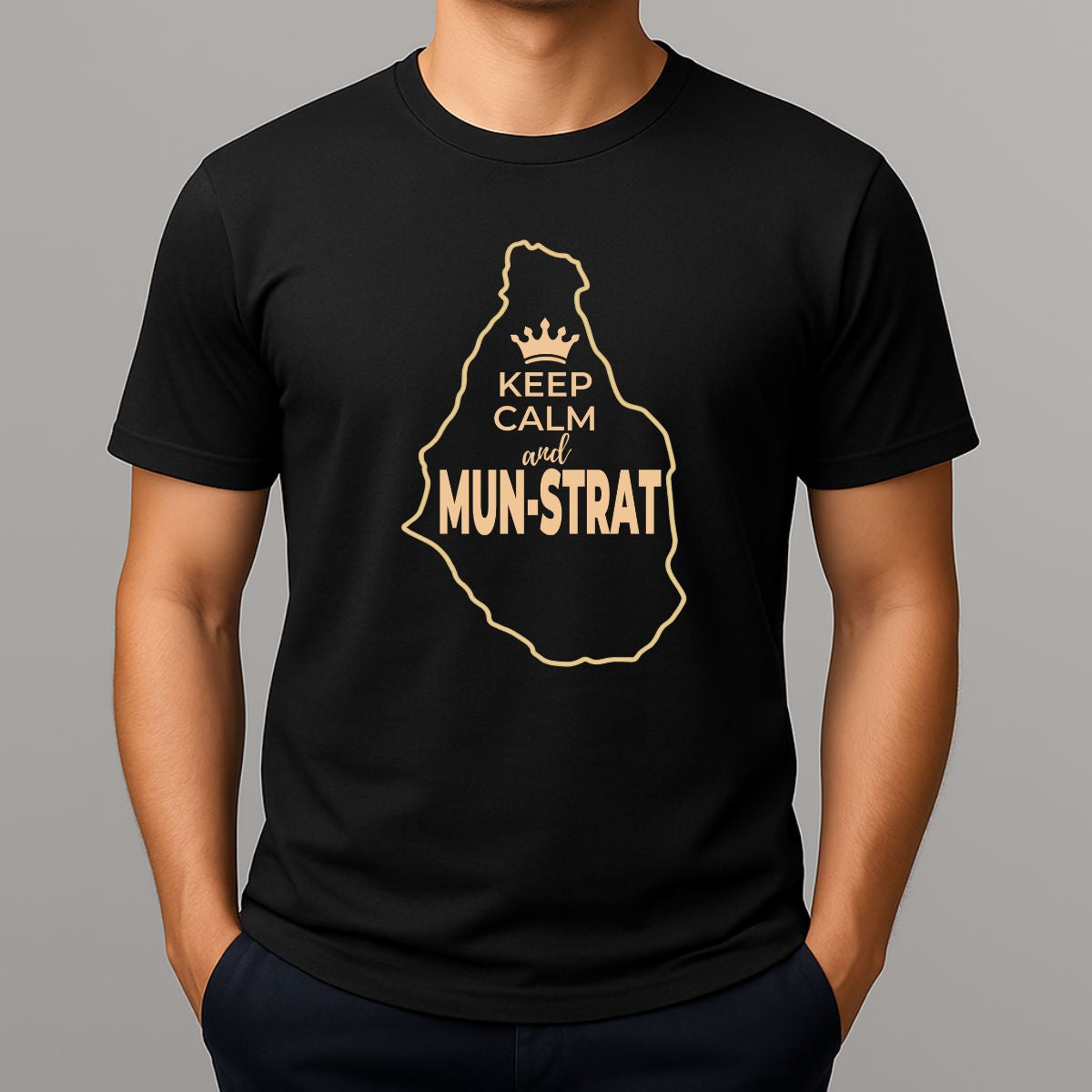 Black t-shirt with yellow graphic outline of Montserrat island, and Keep Calm text.