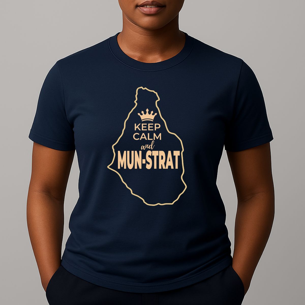 Navy t-shirt with yellow graphic outline of Montserrat island, and Keep Calm text.