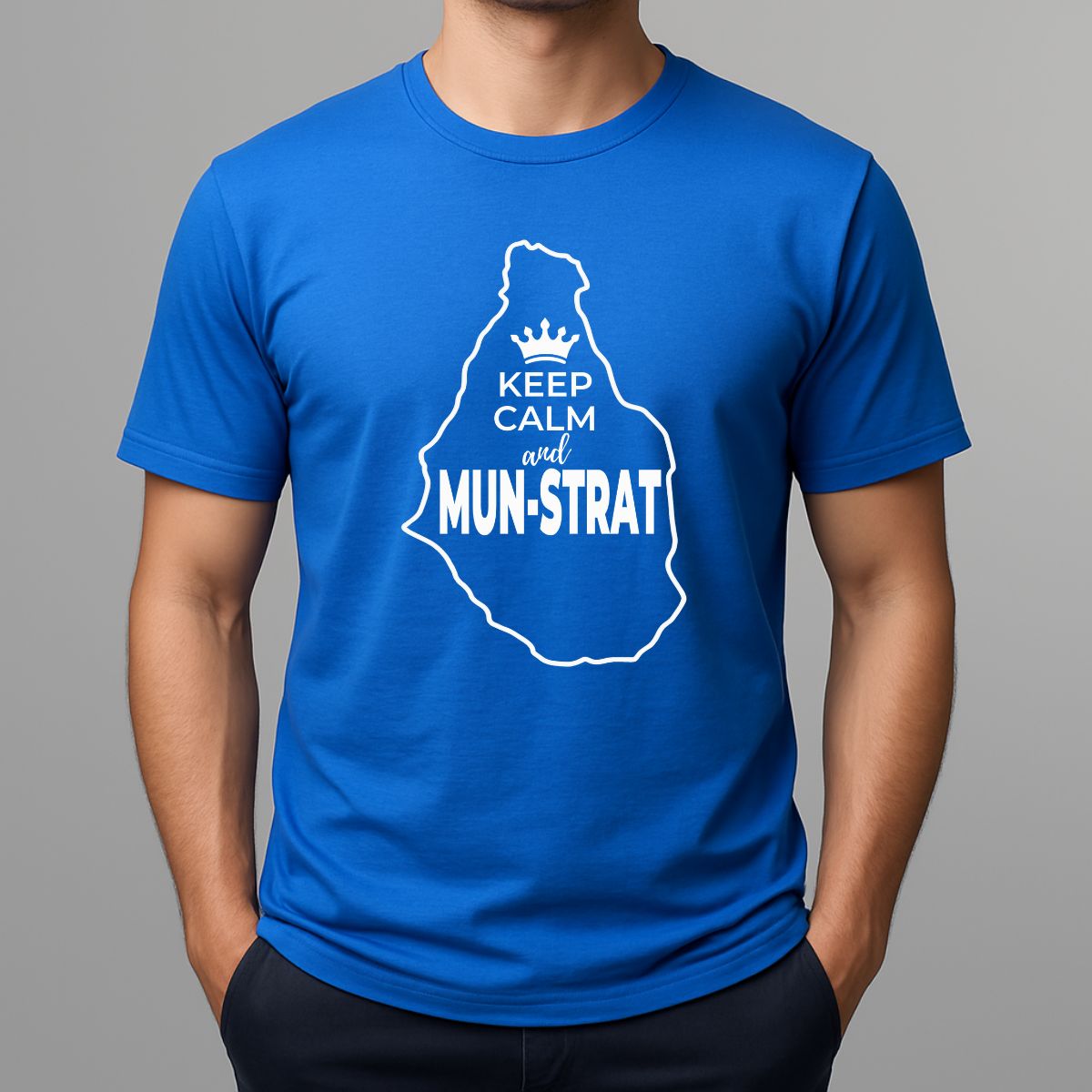 Bright blue t-shirt with yellow graphic outline of Montserrat island, and Keep Calm text.