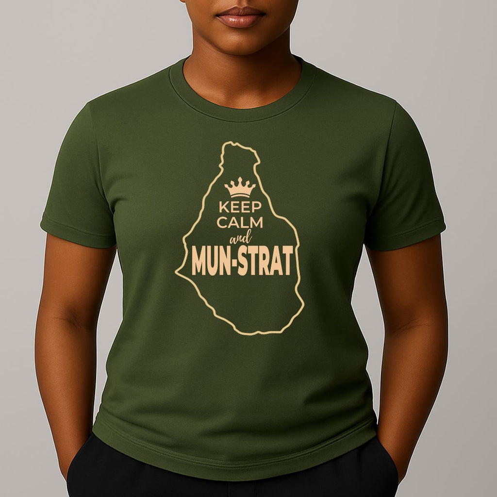 Khaki green t-shirt with yellow graphic outline of Montserrat island, and Keep Calm text.