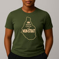 Khaki green t-shirt with yellow graphic outline of Montserrat island, and Keep Calm text.