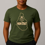Khaki green t-shirt with yellow graphic outline of Montserrat island, and Keep Calm text.